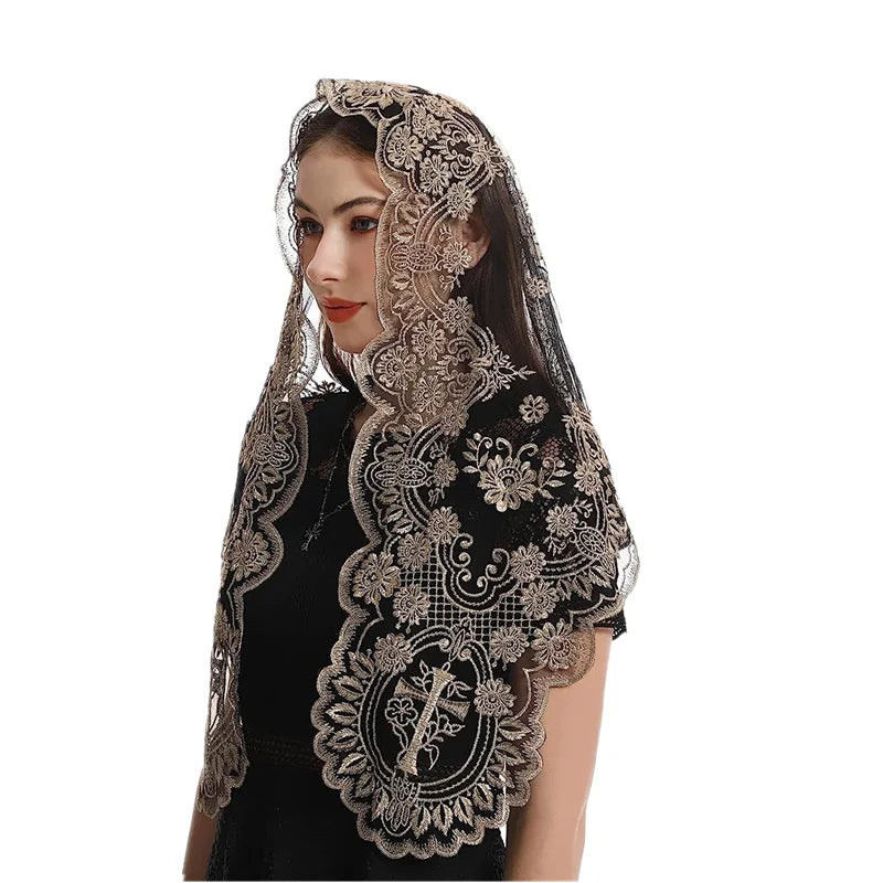 Traditional Mantilla Lace Bridal Veil with Cross Embroidery
