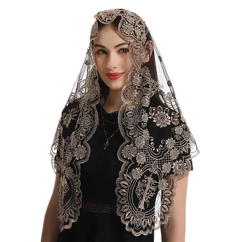 Traditional Mantilla Lace Bridal Veil with Cross Embroidery